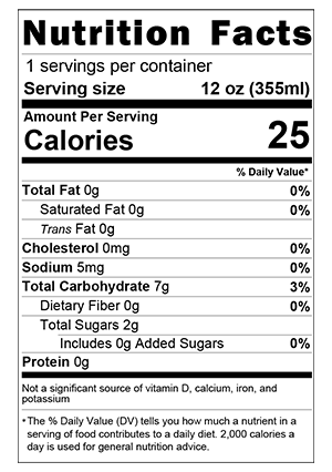 A label for a liquid with 2 5 calories per serving.