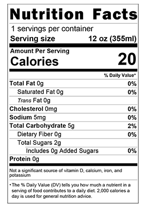 A label for a beverage with calories.
