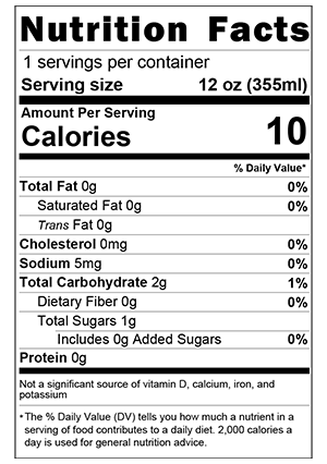 A label for a liquid with calories and fat.