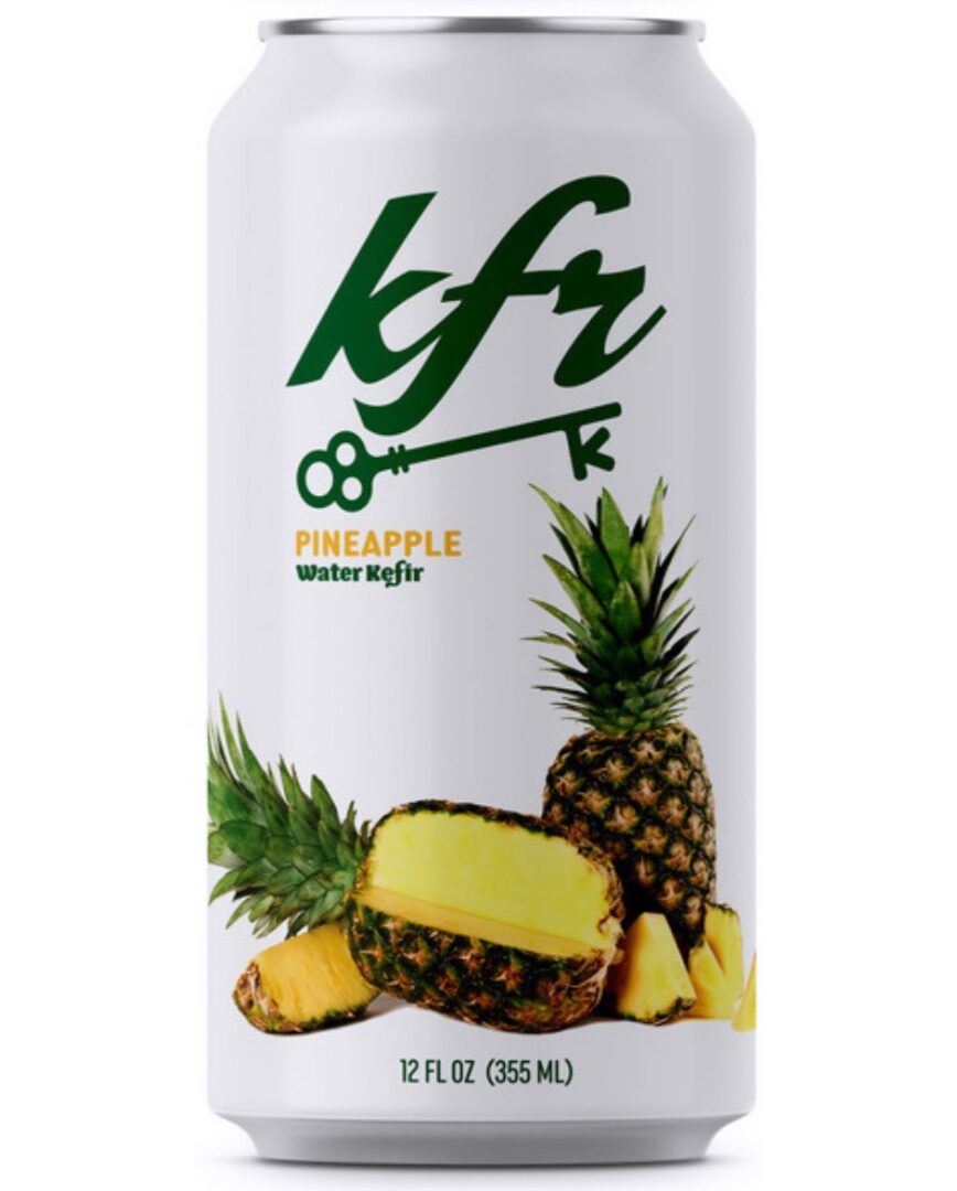 A white can of kfr Pineapple kept with a white background.