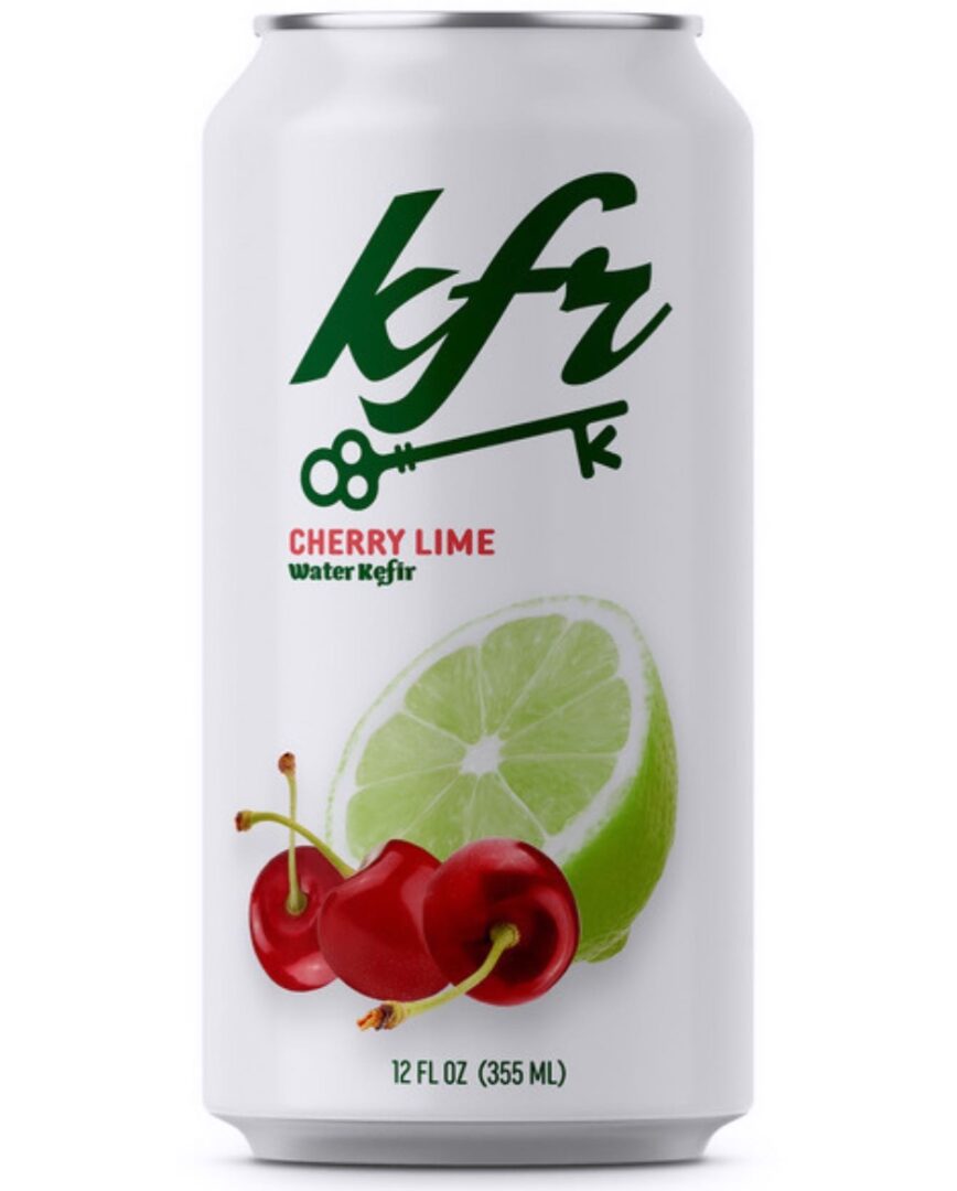 A white can of kfr Cherry Lime kept with a white background.