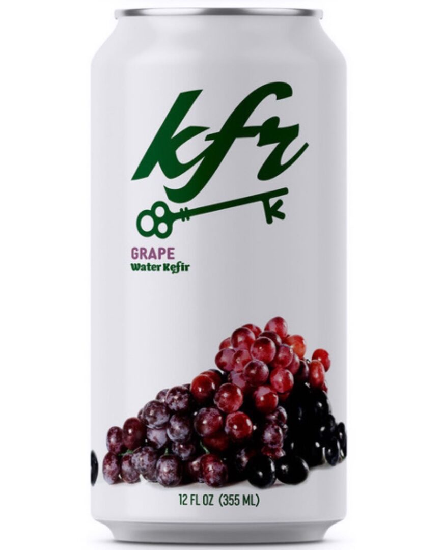 A white can of kfr Grape kept with a white background.